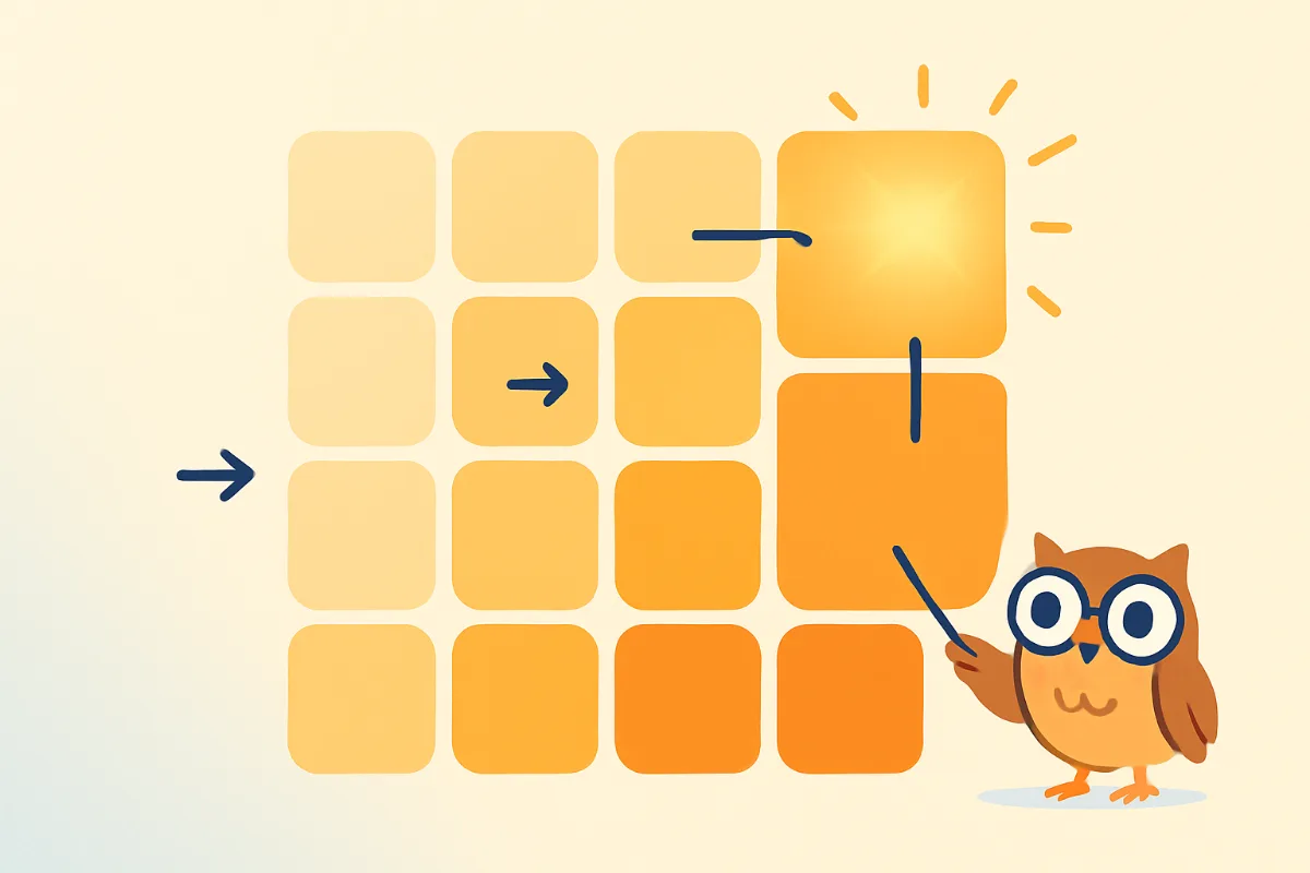 לוח 2048 מופשט עם אריחים בגווני זהב וכתום ואריח זוהר בפינה