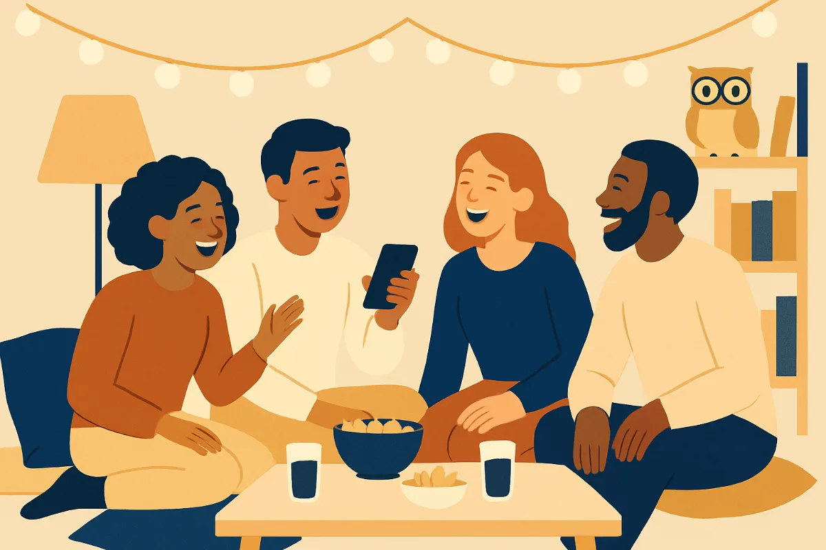 חברים יושבים בסלון וצוחקים סביב טלפון אחד בערב משחקים